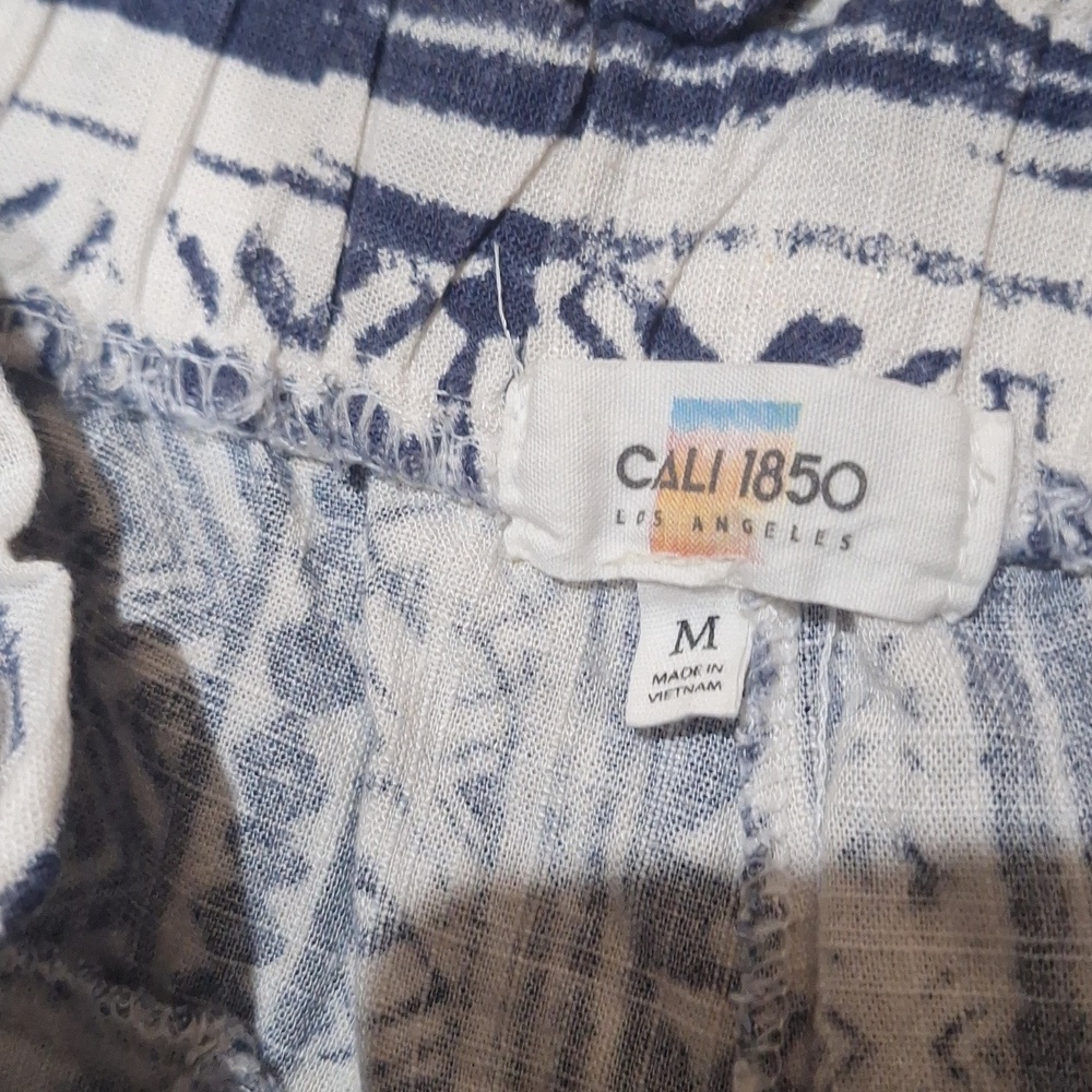 Cali 1850 Linen Blend Boho Paperbag Waist Pants Size M Blue White Print #1094 - Picture 5 of 8